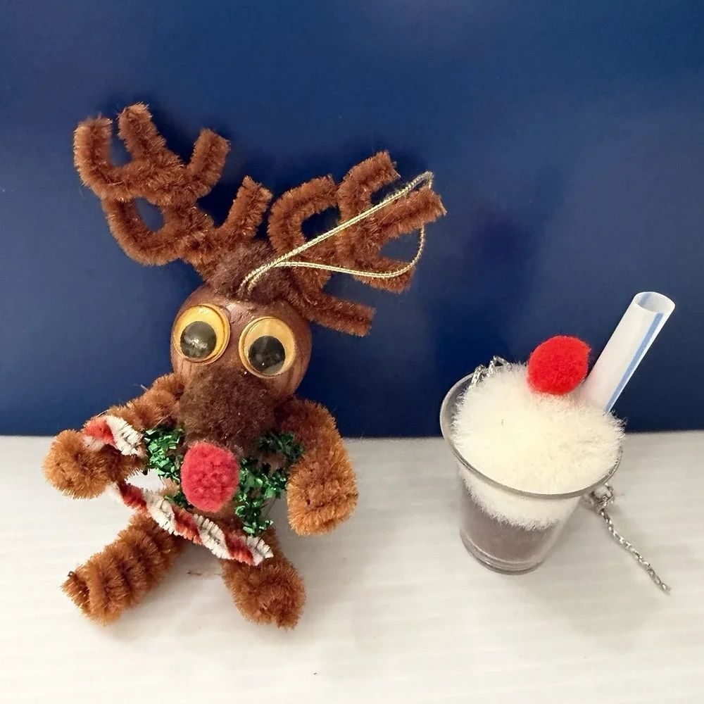 Vintage Handmade Christmas Ornaments Lot Of 2 Reindeer Milkshake Ice Cream Soda